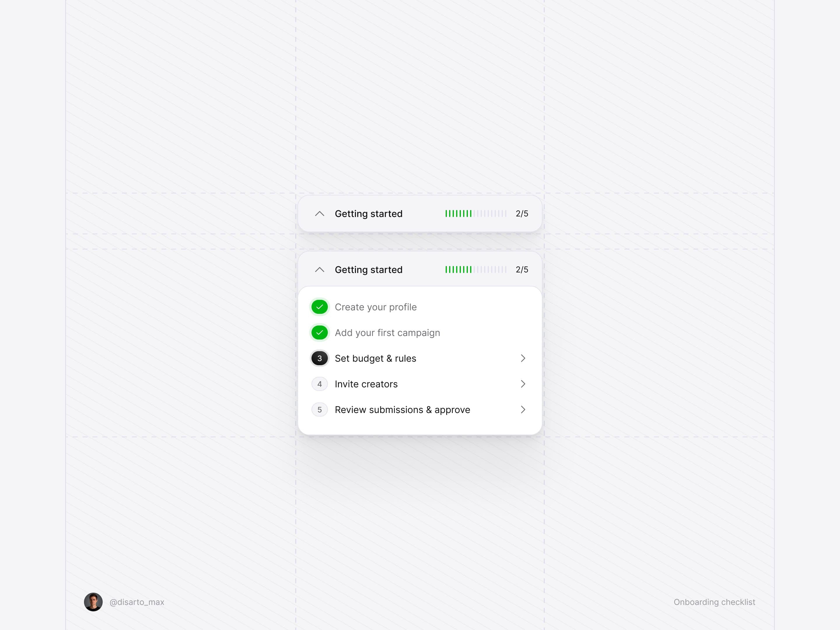 Onboarding checklist (light/dark mode)
