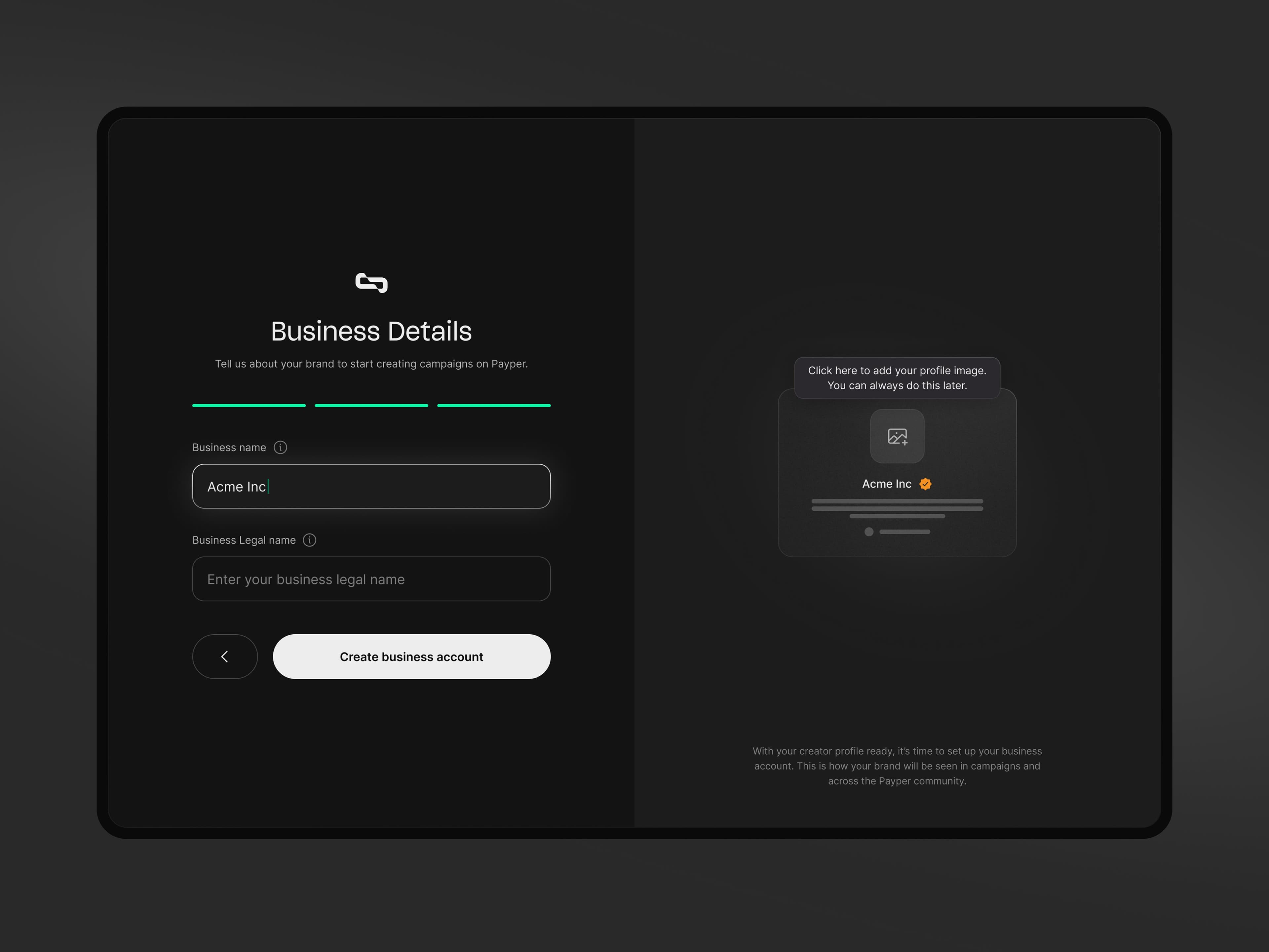 Onboarding screen (business details)